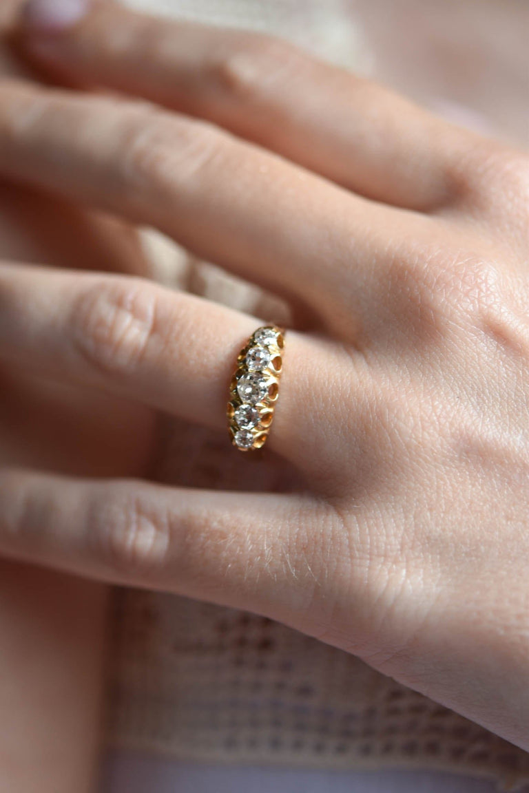 Victorian .85 Carat Old Mine Cut Diamond Yellow Gold Five Stone Wedding Band