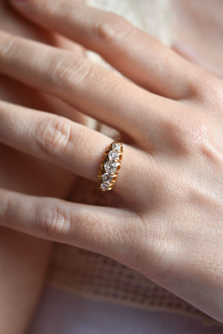 Victorian .85 Carat Old Mine Cut Diamond Yellow Gold Five Stone Wedding Band