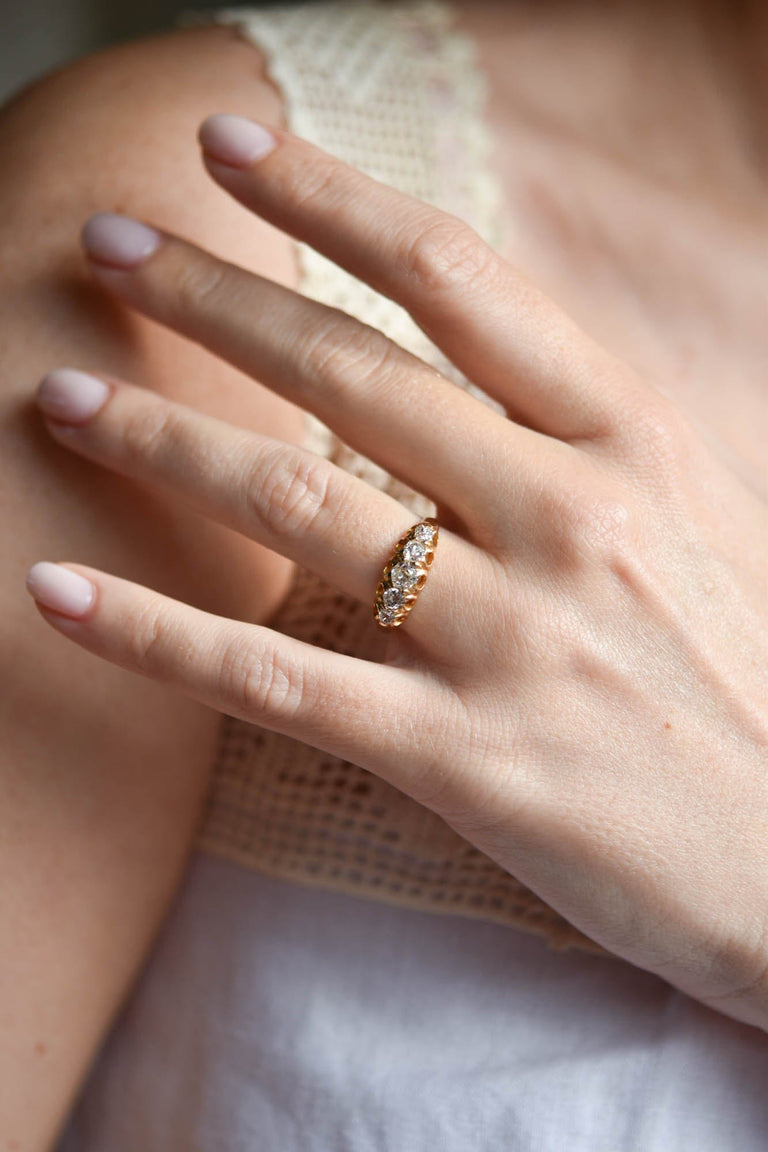 Victorian .85 Carat Old Mine Cut Diamond Yellow Gold Five Stone Wedding Band