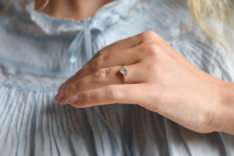 Victorian .92 Carat Old European Cut Diamond Yellow Carved Gold Vintage Engagement Ring
