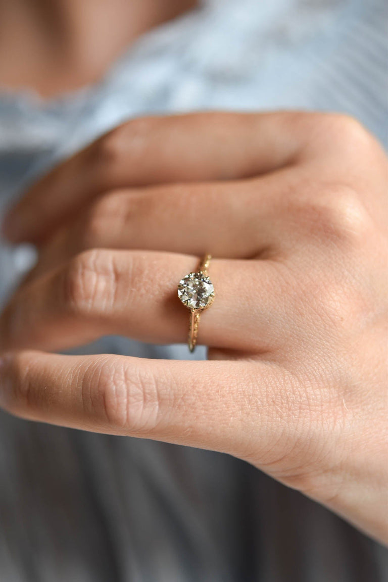 Victorian .92 Carat Old European Cut Diamond Yellow Carved Gold Vintage Engagement Ring