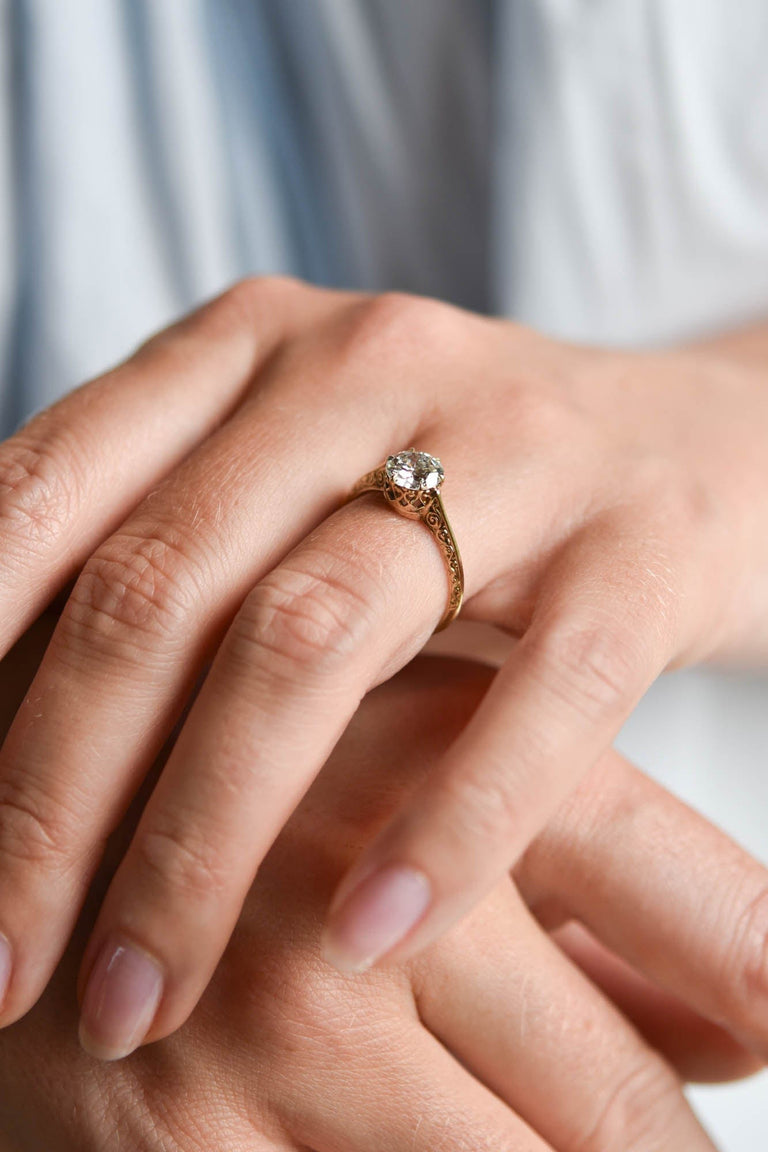 Victorian .92 Carat Old European Cut Diamond Yellow Carved Gold Vintage Engagement Ring