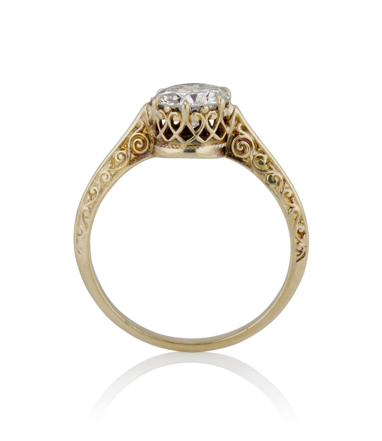 Victorian .92 Carat Old European Cut Diamond Yellow Carved Gold Vintage Engagement Ring