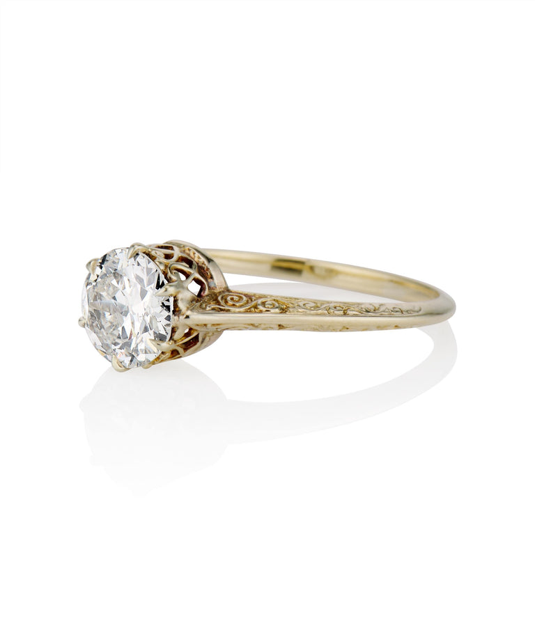 Victorian .92 Carat Old European Cut Diamond Yellow Carved Gold Vintage Engagement Ring