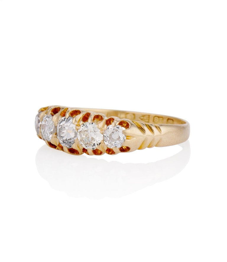 Victorian .95 Carat Old Mine Cut Diamond Yellow Gold Antique Five Stone Band