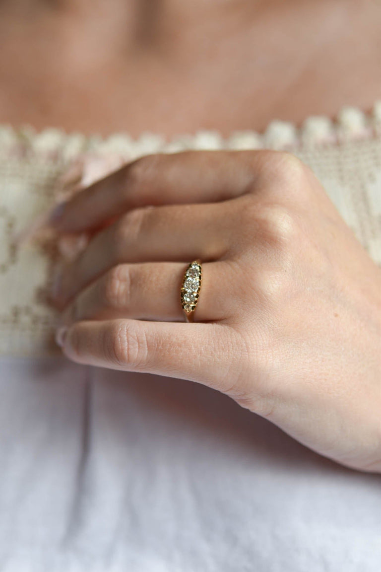 Victorian .95 Carat Old Mine Cut Diamond Yellow Gold Five Stone Wedding Band