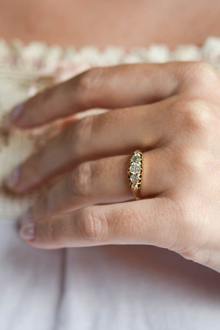 Victorian .95 Carat Old Mine Cut Diamond Yellow Gold Five Stone Wedding Band