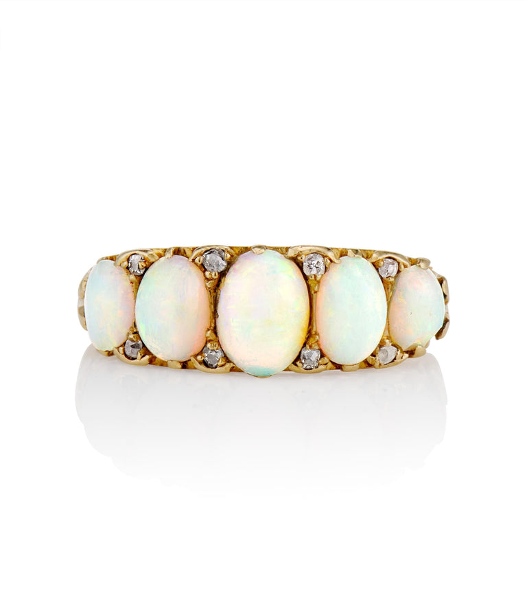 Victorian Cabochon Opal and Diamond Yellow Gold Band