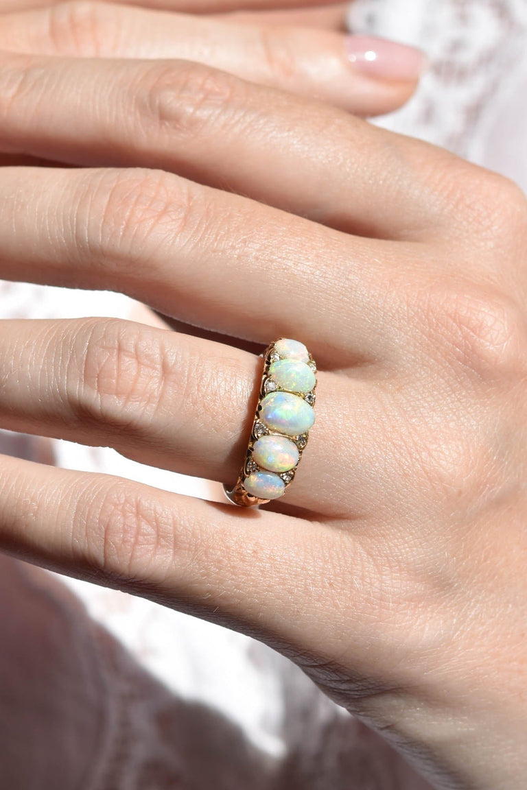Victorian Cabochon Opal and Diamond Yellow Gold Band