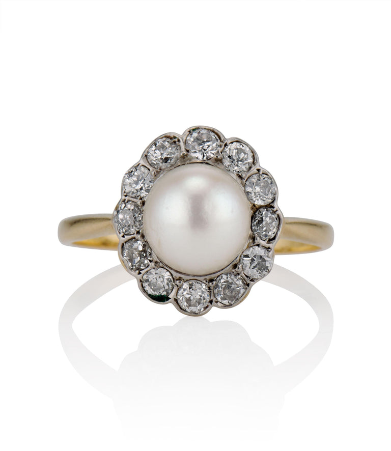 Victorian Diamond and Pearl Two Tone Cluster Vintage Engagement Ring