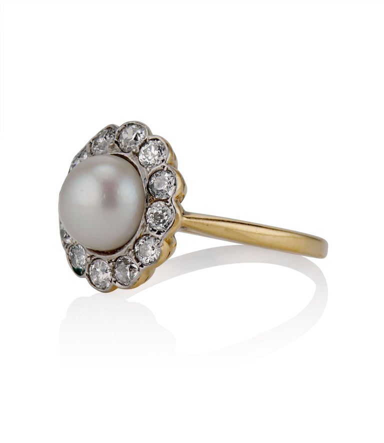Victorian Diamond and Pearl Two Tone Cluster Vintage Engagement Ring