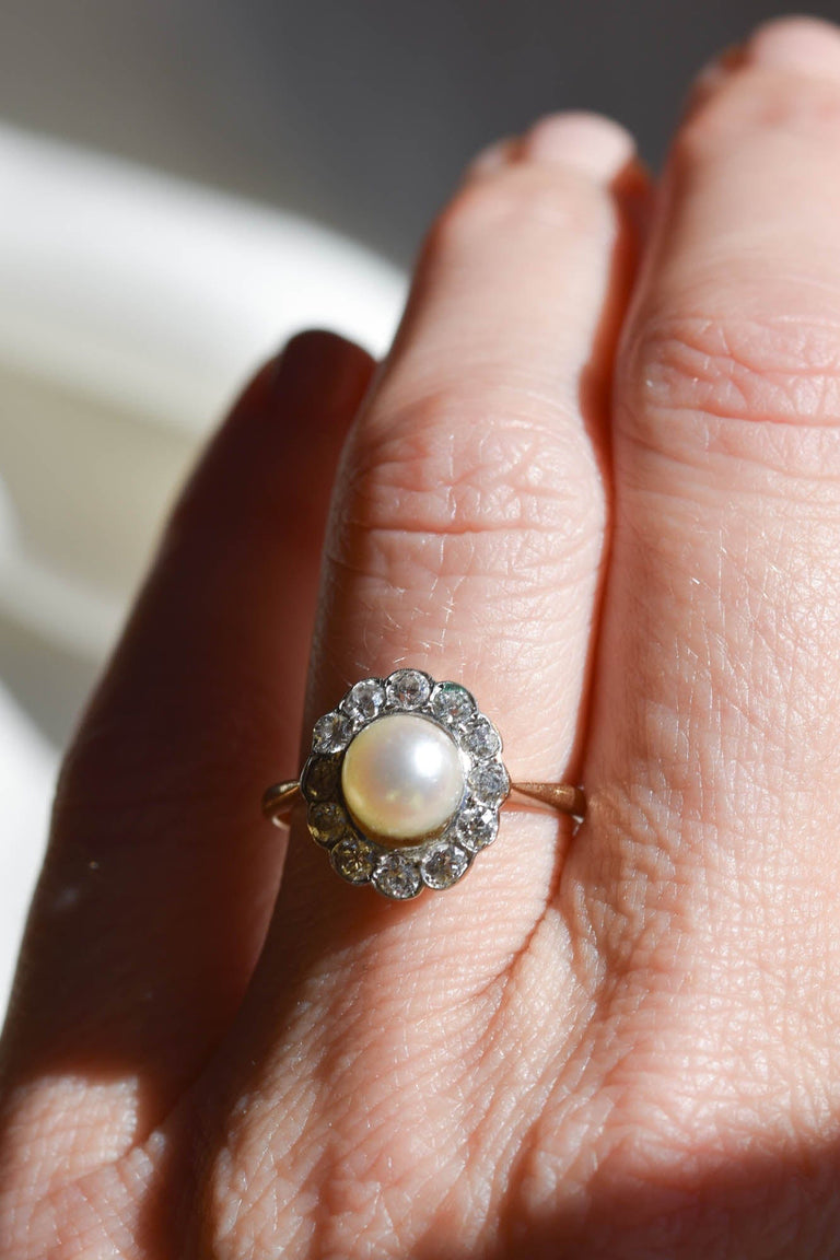 Victorian Diamond and Pearl Two Tone Cluster Vintage Engagement Ring
