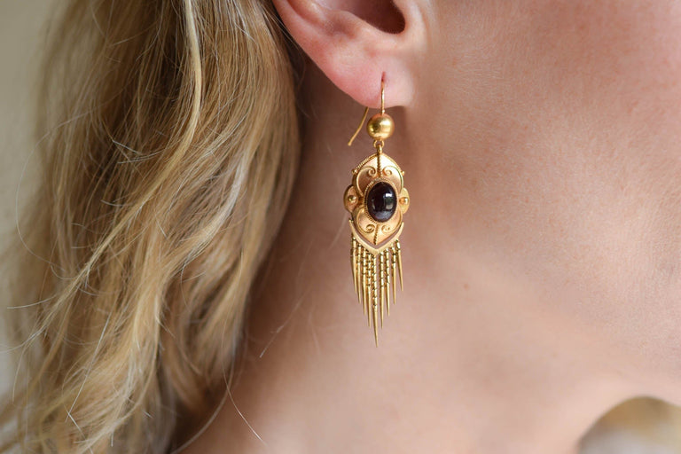 Victorian Etruscan Revival Yellow Gold Garnet Tassel Vintage Earrings