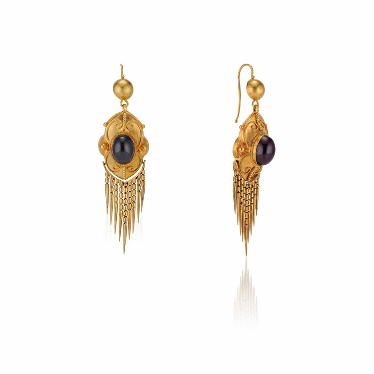 Victorian Etruscan Revival Yellow Gold Garnet Tassel Vintage Earrings