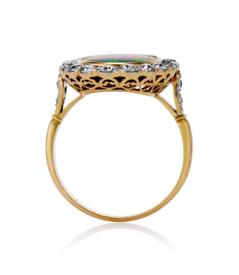Victorian Natural Opal and Diamond Cluster Two Tone Vintage Engagement Ring