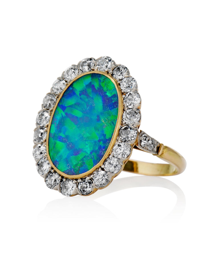 Victorian Natural Opal and Diamond Cluster Two Tone Vintage Engagement Ring