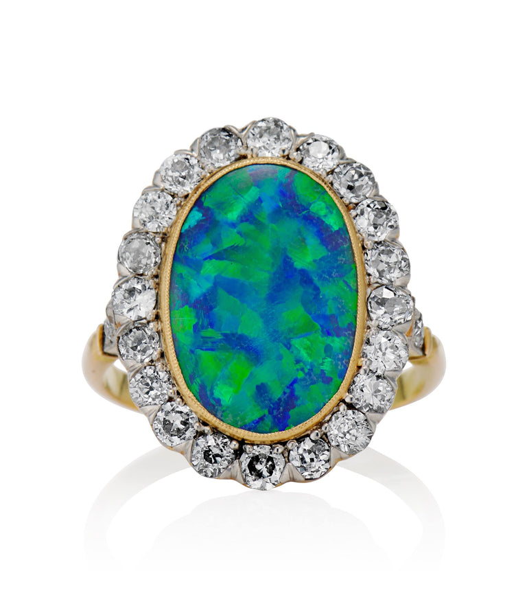 Victorian Natural Opal and Diamond Cluster Two Tone Vintage Engagement Ring