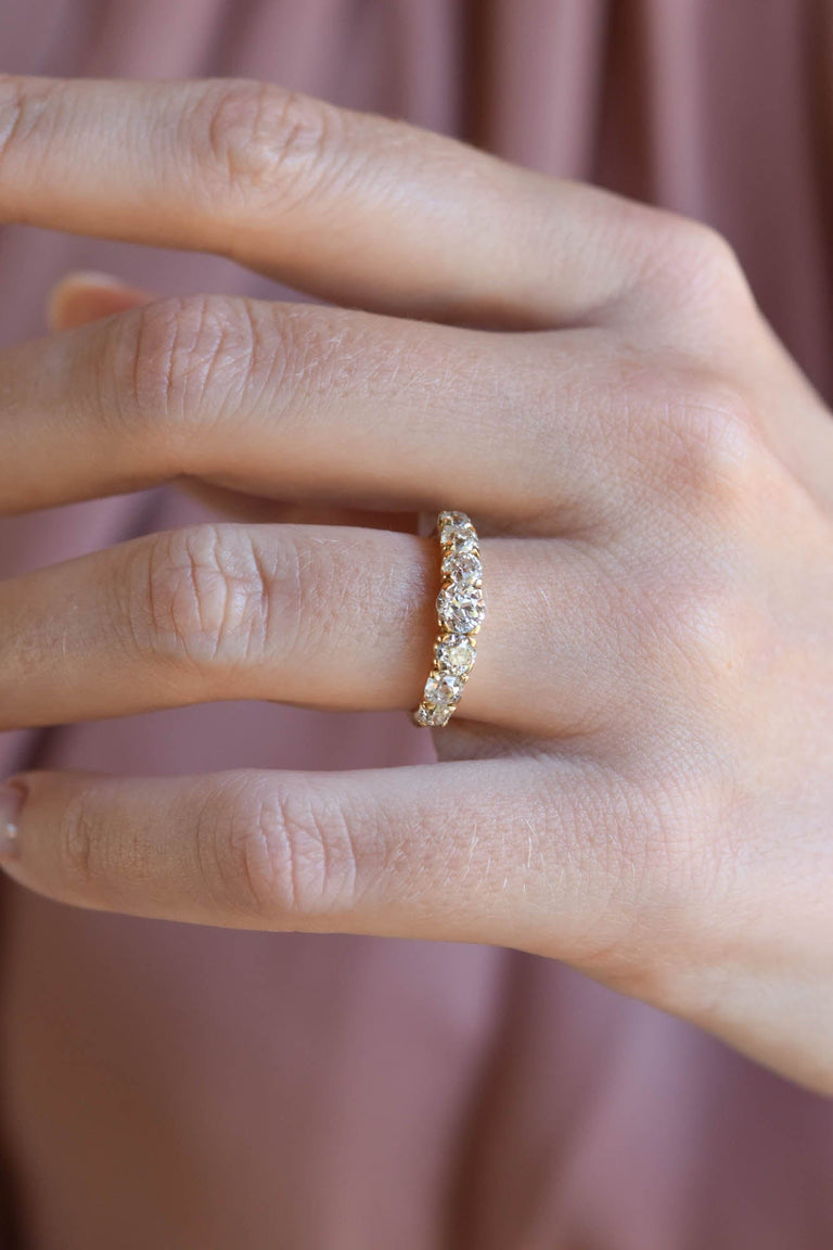 Vintage 1.45 Carat Old Mine Cut Diamond Seven Stone Yellow Gold Half Hoop