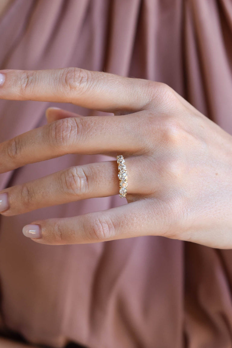 Vintage 1.45 Carat Old Mine Cut Diamond Seven Stone Yellow Gold Half Hoop