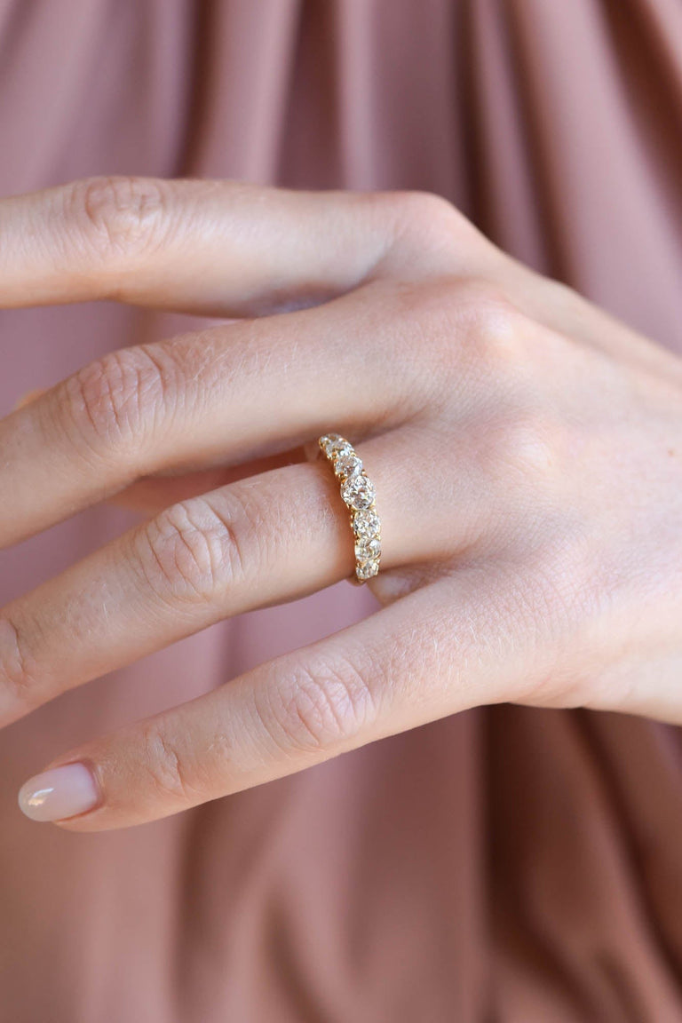 Vintage 1.45 Carat Old Mine Cut Diamond Seven Stone Yellow Gold Half Hoop